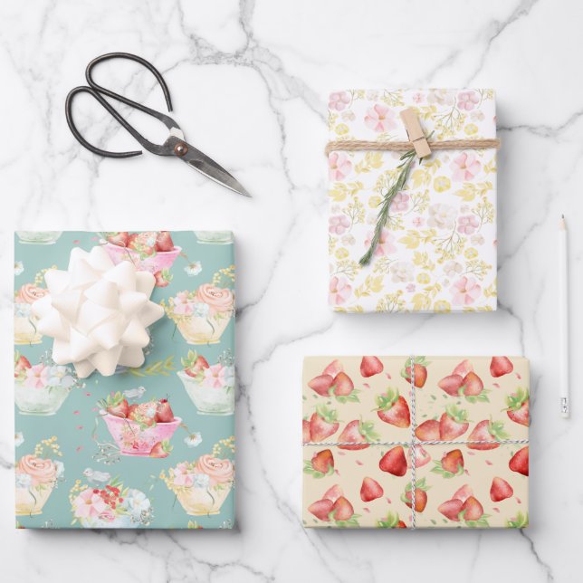 Wildflower Teacup Strawberry Field Nursery Wrapping Paper Sheet (Front)