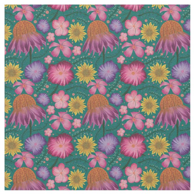 Wildflower Teal Floral Pattern Fabric (Close Up)