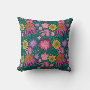 Wildflower Teal Floral Pattern Throw Pillow
