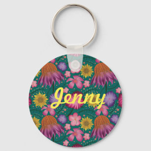 Wildflower Teal Floral Personalized Keychain