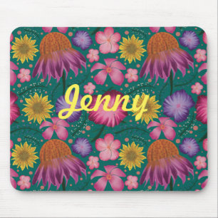 Wildflower Teal Floral Personalized Mouse Pad