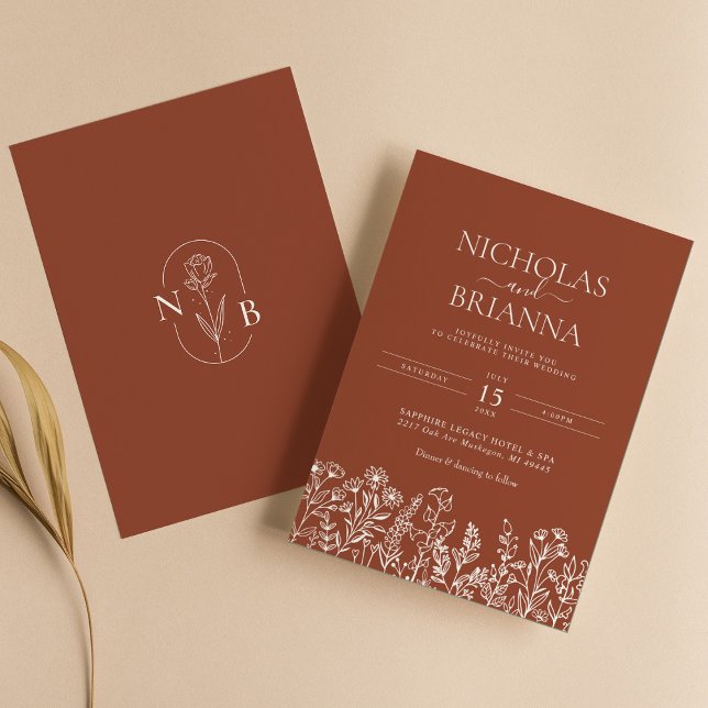 Wildflower Terracotta Minimalist Wedding Monogram Invitation (Creator Uploaded)