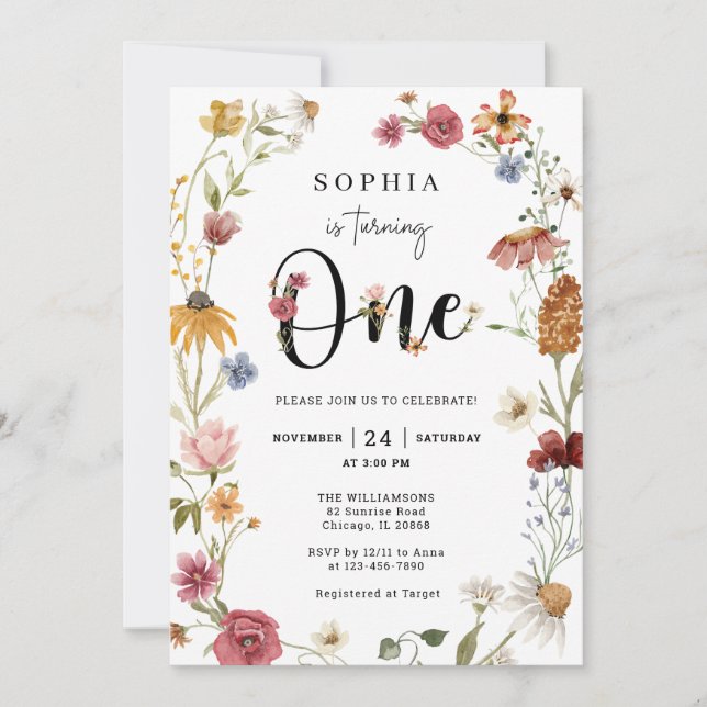 Wildflower Theme Girl 1st Birthday Invitation (Front)