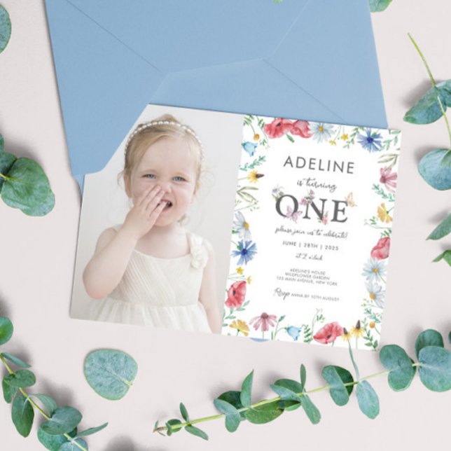 Wildflower Theme Girl 1st Birthday Photo  Invitation (Wildflower Wild One Baby Girl Photo Digital Printable Invitations Personalized Picture Download)