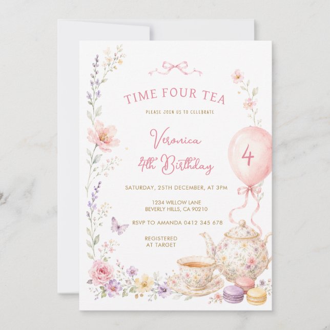 Wildflower Time Four Tea 4th Birthday Invitation (Front)