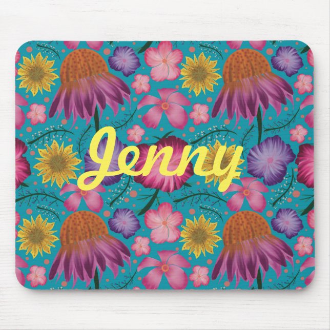 Wildflower Turquoise Floral Personalized  Mouse Pad (Front)