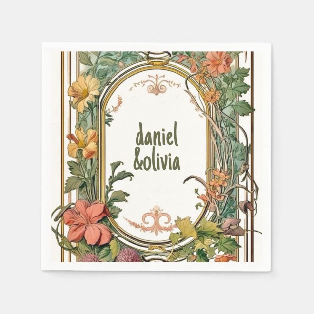 Wildflower Victorian Ornate Border Wedding Napkin (Front)