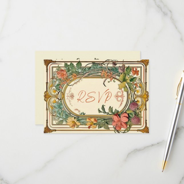 Wildflower Victorian Ornate Border Wedding RSVP Card (Front/Back In Situ)