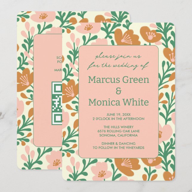Wildflower Vines Pink Green Custom QR Code WEDDING Invitation (Front/Back)