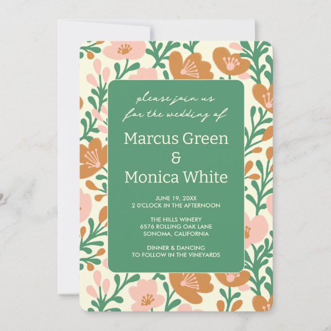 Wildflower Vines Pink Green Custom WEDDING  Invitation (Front)