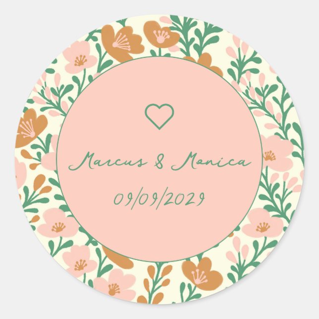 Wildflower Vines Pink Green Elegant Wedding Custom Classic Round Sticker (Front)