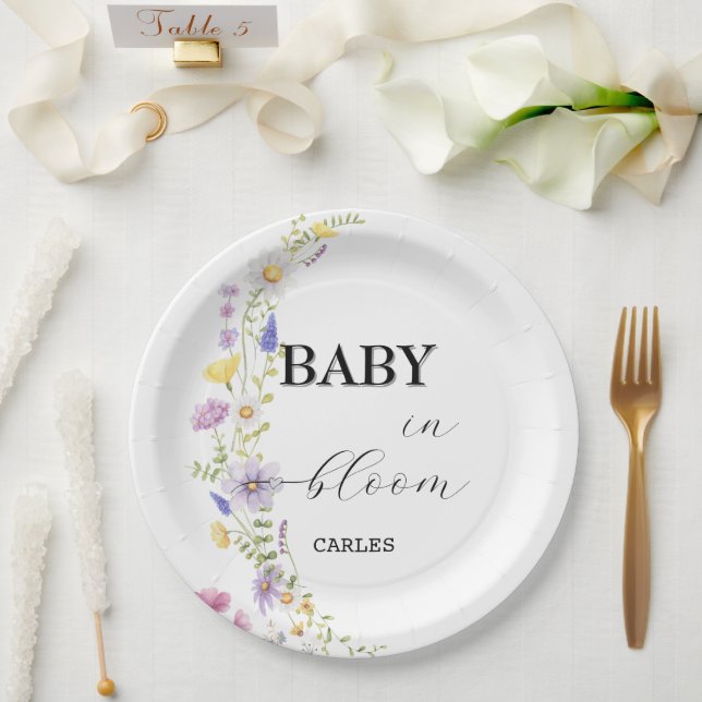 Wildflower Watercolor Baby in Bloom Paper Plate (Wedding)