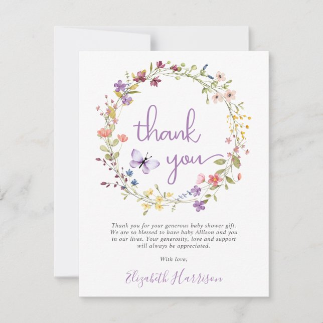Wildflower Watercolor Baby Shower Thank You Card (Front)