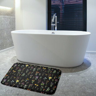 Wildflower Watercolor Black Botanical Floral Bath Mat