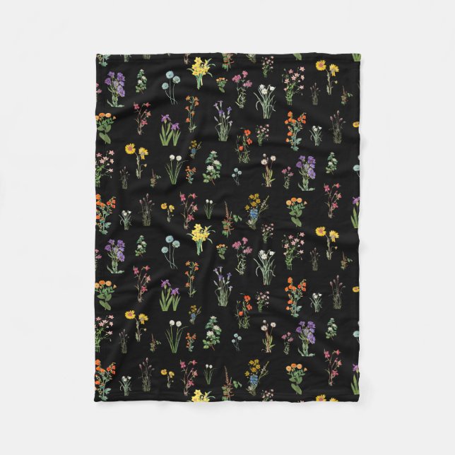 Wildflower Watercolor Black Botanical Floral Fleece Blanket (Front)