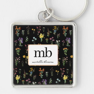 Wildflower Watercolor Black Botanical Floral Keychain
