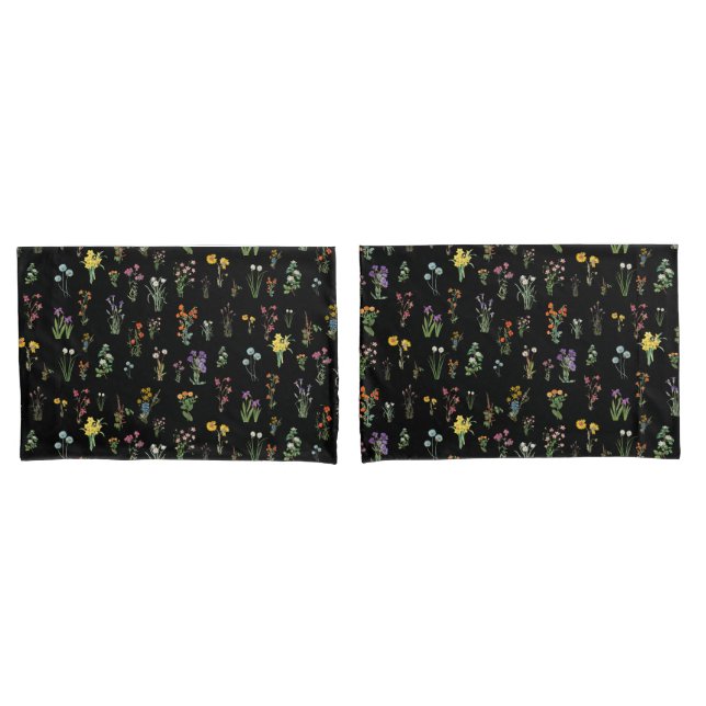 Wildflower Watercolor Black Botanical Floral Pillowcase (Front-Set)
