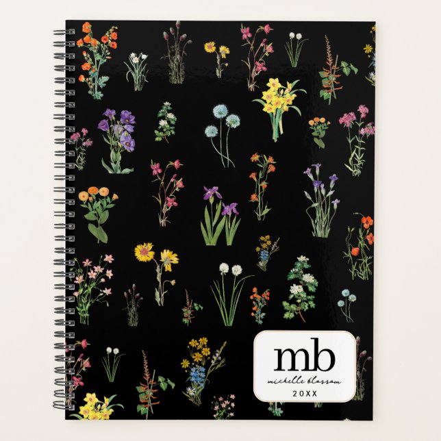 Wildflower Watercolor Black Botanical Floral Planner (Front)
