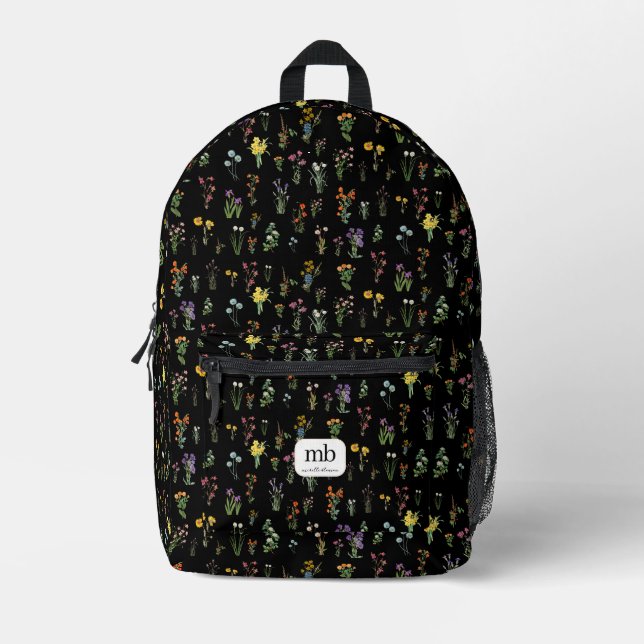 Wildflower Watercolor Black Botanical Floral Printed Backpack (Front)