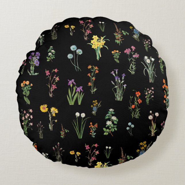 Wildflower Watercolor Black Botanical Floral Round Pillow (Front)