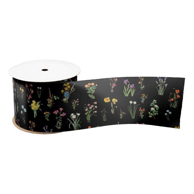 Wildflower Watercolor Black Botanical Floral Satin Ribbon (Spool)