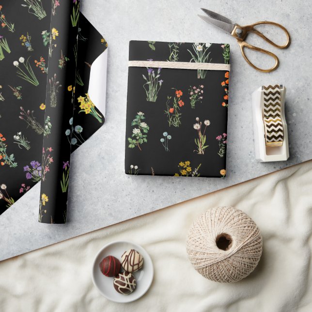 Wildflower Watercolor Black Botanical Floral Wrapping Paper (Crafts)