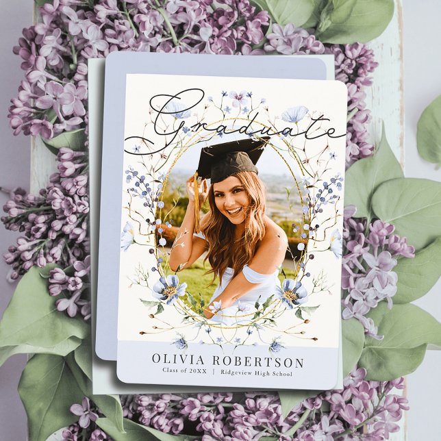 Wildflower Watercolor Blue Floral Photo Graduation Invitation (Creator Uploaded)