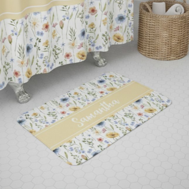 Wildflower Watercolor Boho Colorful Monogram  Bath Mat (Creator Uploaded)