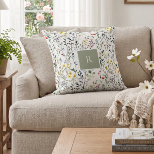 Wildflower Watercolor Botanical Monogram  Throw Pillow