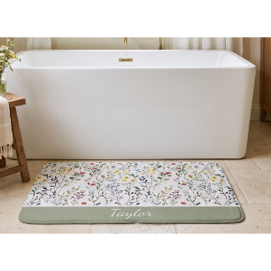 Wildflower Watercolor Botanical Name Bath Mat