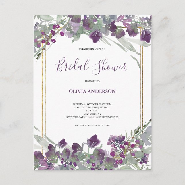 Wildflower Watercolor Bridal Shower  Invitation Postcard (Front)