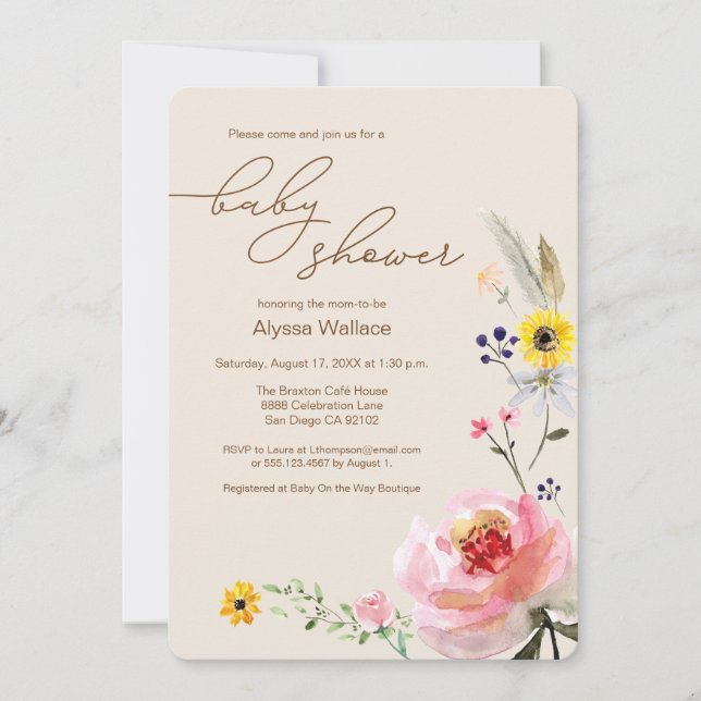 Wildflower watercolor Floral Boho Chic  Invitation (Front)