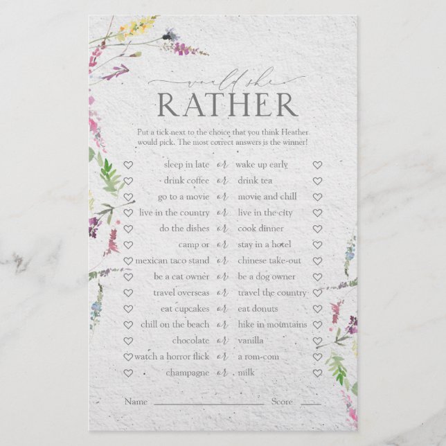 Wildflower Watercolor Floral Bridal Shower Game (Front)