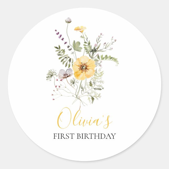 Wildflower watercolor floral first birthday classic round sticker (Front)