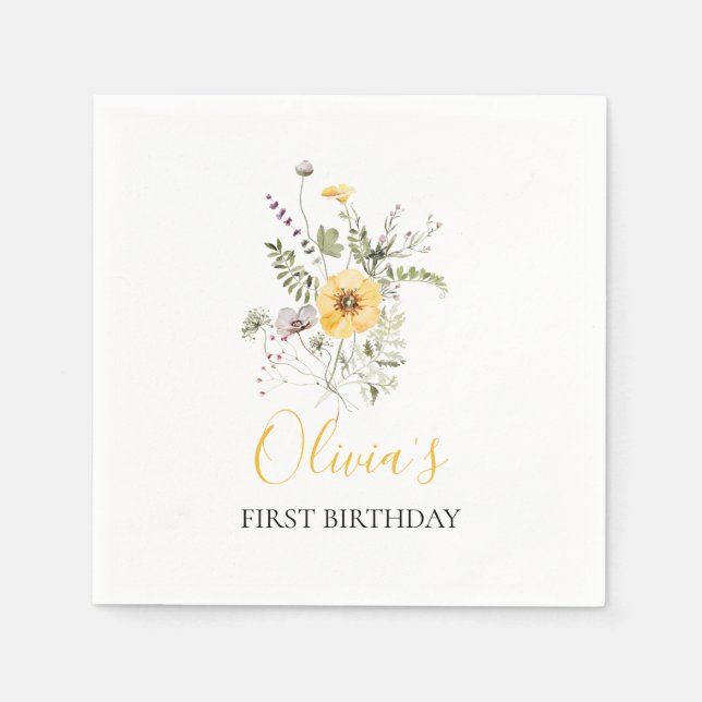 Wildflower watercolor floral first birthday napkin (Front)