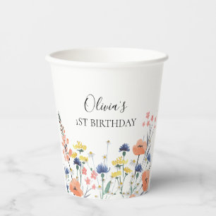 Wildflower watercolor floral first birthday paper cups