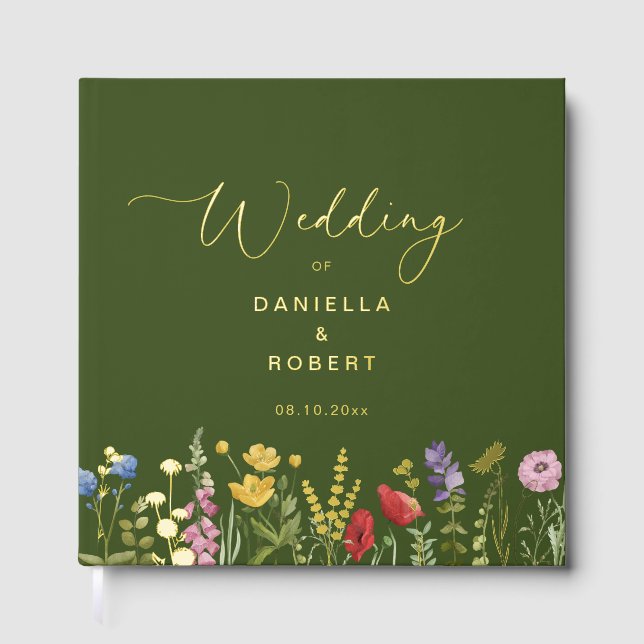 Wildflower Watercolor Green Floral Wedding Guest Book (Front)