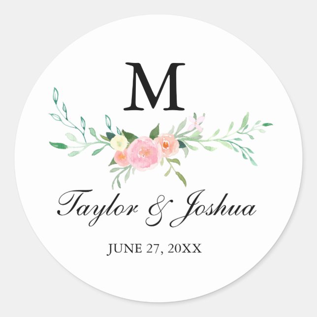 Wildflower Watercolor Monogram Wedding Sticker (Front)