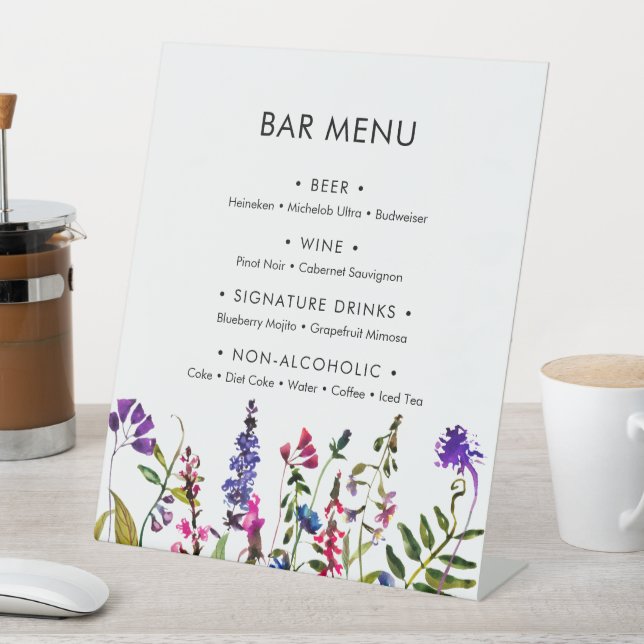 Wildflower Wedding Bar Menu Pedestal Sign (In SItu)