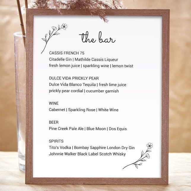 Wildflower Wedding Bar Menu Sign (Wildflower Wedding Bar Menu Sign by Fiesta Valley Print)