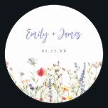 Wildflower Wedding Classic Round Sticker<br><div class="desc">This wildflower wedding collection is inspired by the beauty of a blooming summer garden. Hand-painted florals in soft, lively colors rise naturally along the design, creating a fresh and organic feel. Clean, classic typography balances the playful blooms for a look that feels both elegant and inviting. Ideal for outdoor, garden,...</div>