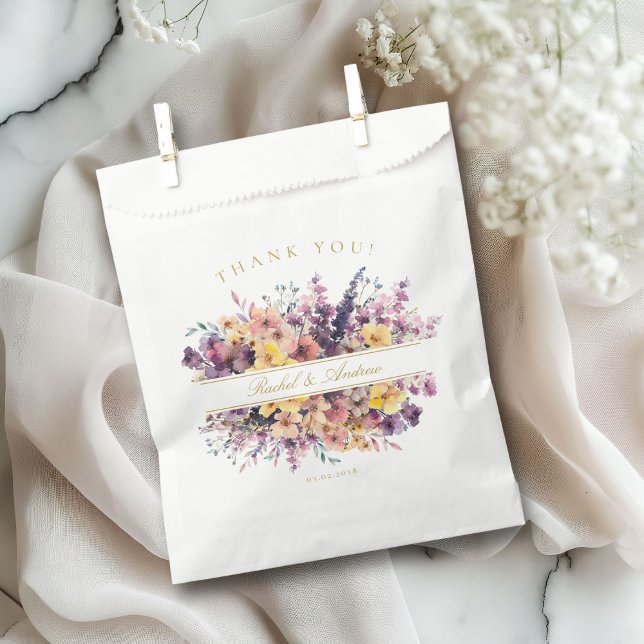 Wildflower Wedding Favour Bag (Customer-Specific "Thank you!" Wedding Favor Bag with a wild-flower bouquet & scripted font.)