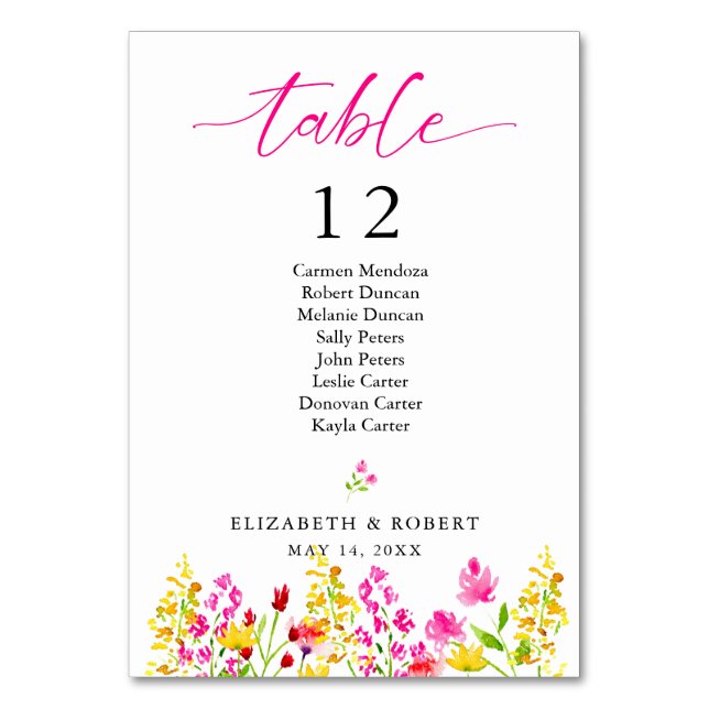 Wildflower Wedding Floral Seating Chart Script Table Number (Front)