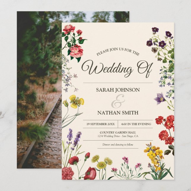 Wildflower Wedding Invitation with Custom Photo (Front/Back)
