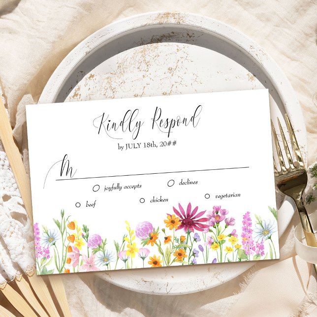 Wildflower Wedding Meadow Floral RSVP Meal Options Card (Use the template to add the response deadline and your meal choices)