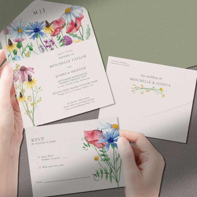Wildflower Wedding Rustic Country Wild Flowers All In One Invitation (Wedding Invitation with RSVP on tear-away section)