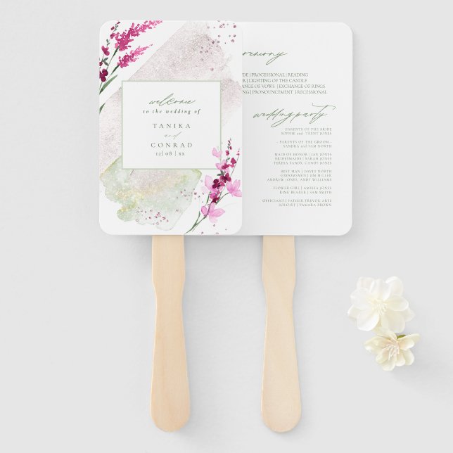 Wildflower Wedding Watercolor Ceremony Fusia ID954 Hand Fan (Front and Back)