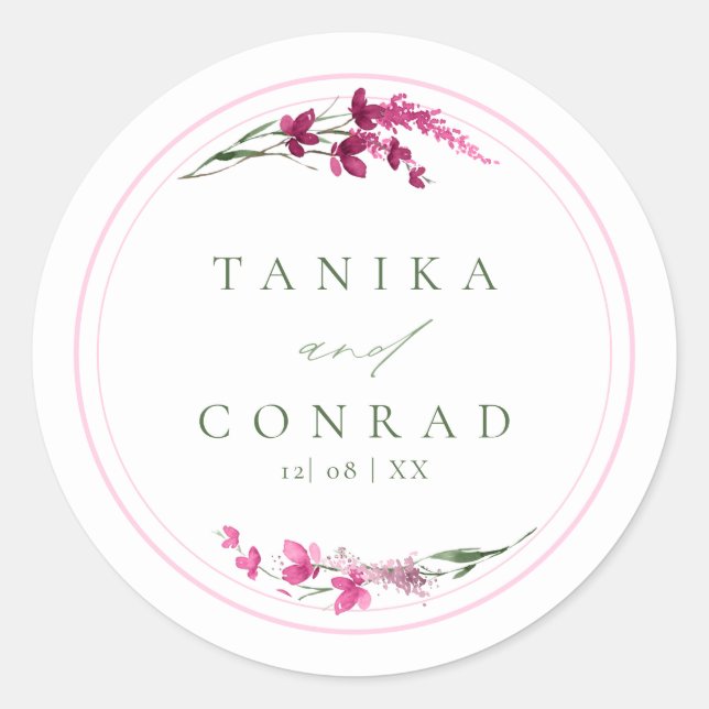 Wildflower Wedding Watercolor Names Fuchsia ID954 Classic Round Sticker (Front)