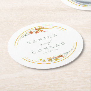 Wildflower Wedding Watercolor Names Gold ID954 Round Paper Coaster