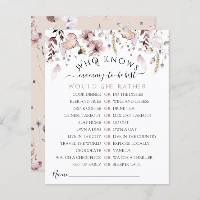 Wildflower Who knows mom best Baby Shower Game (Front/Back)